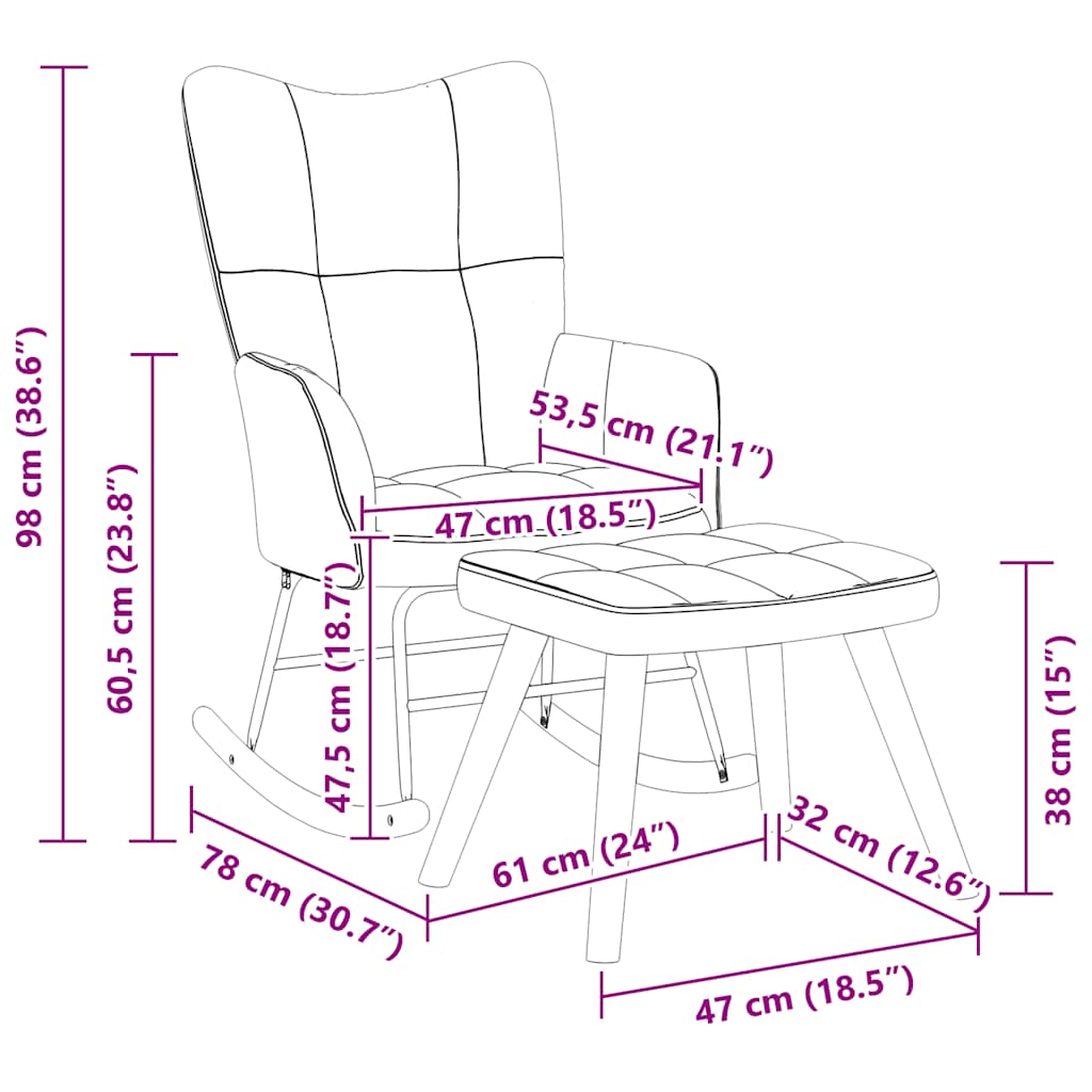 Chaise à bascule avec tabouret en velours bleu