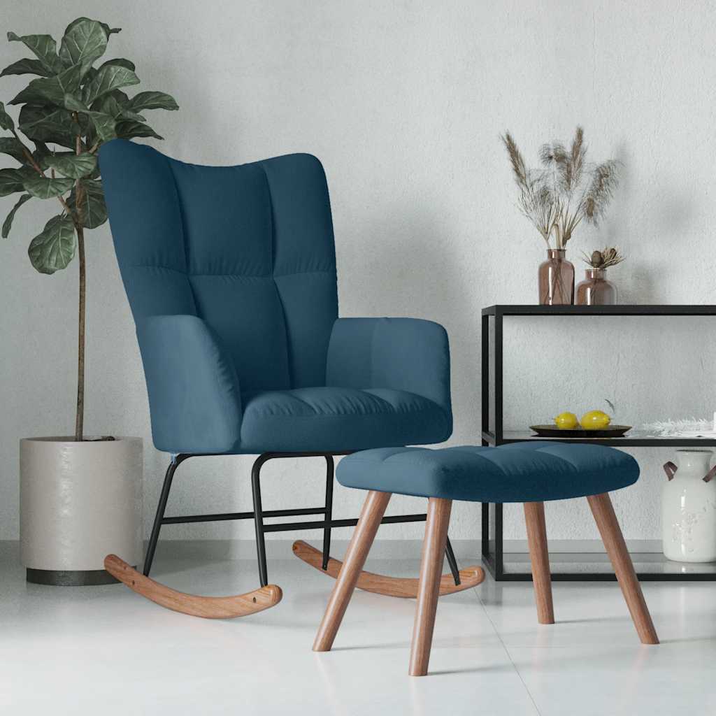 Chaise à bascule avec tabouret en velours bleu