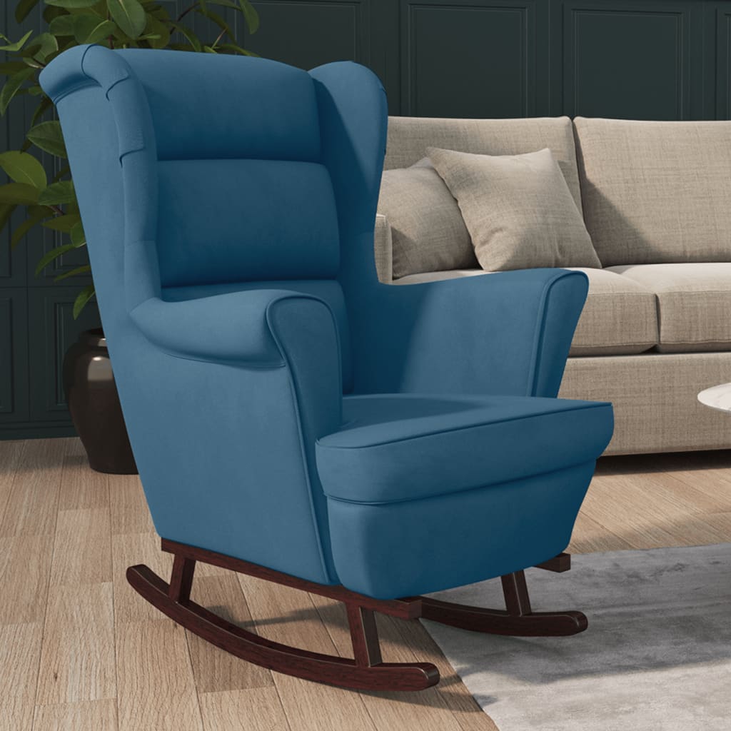 Fauteuil à bascule et pieds en bois massif d'hévéa Bleu Velours - XIOS