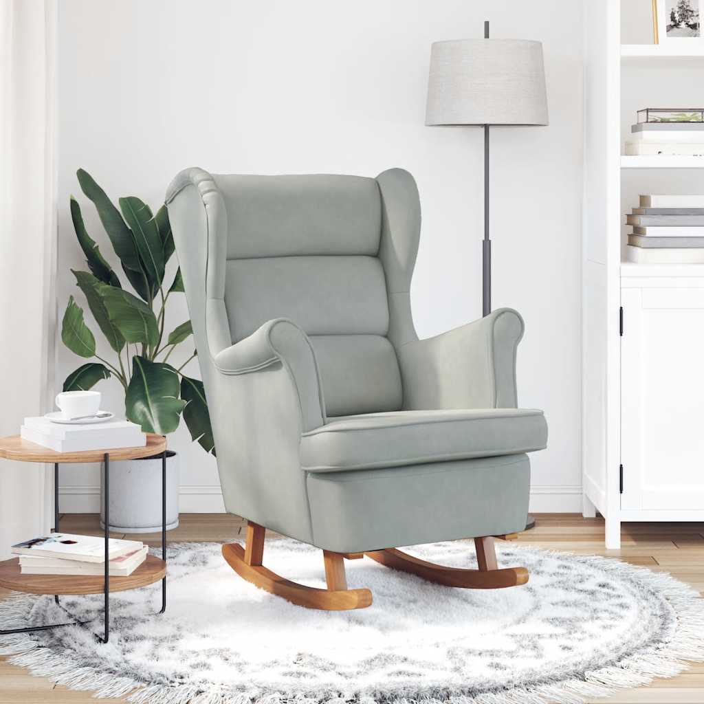 Fauteuil à bascule à oreilles en velours gris clair bois massif - XIOS