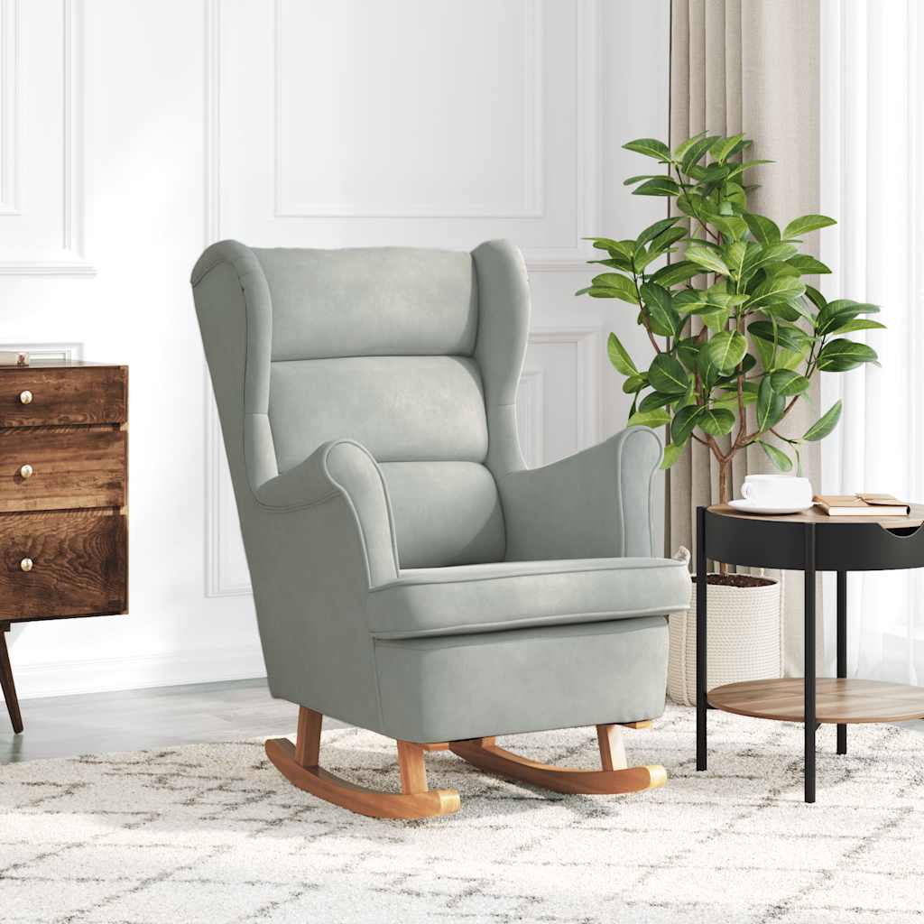Fauteuil à bascule à oreilles en velours gris clair bois massif - XIOS