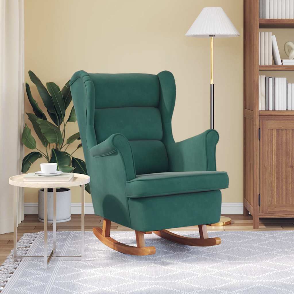 Fauteuil à bascule à oreilles en velours vert foncé bois massif - XIOS