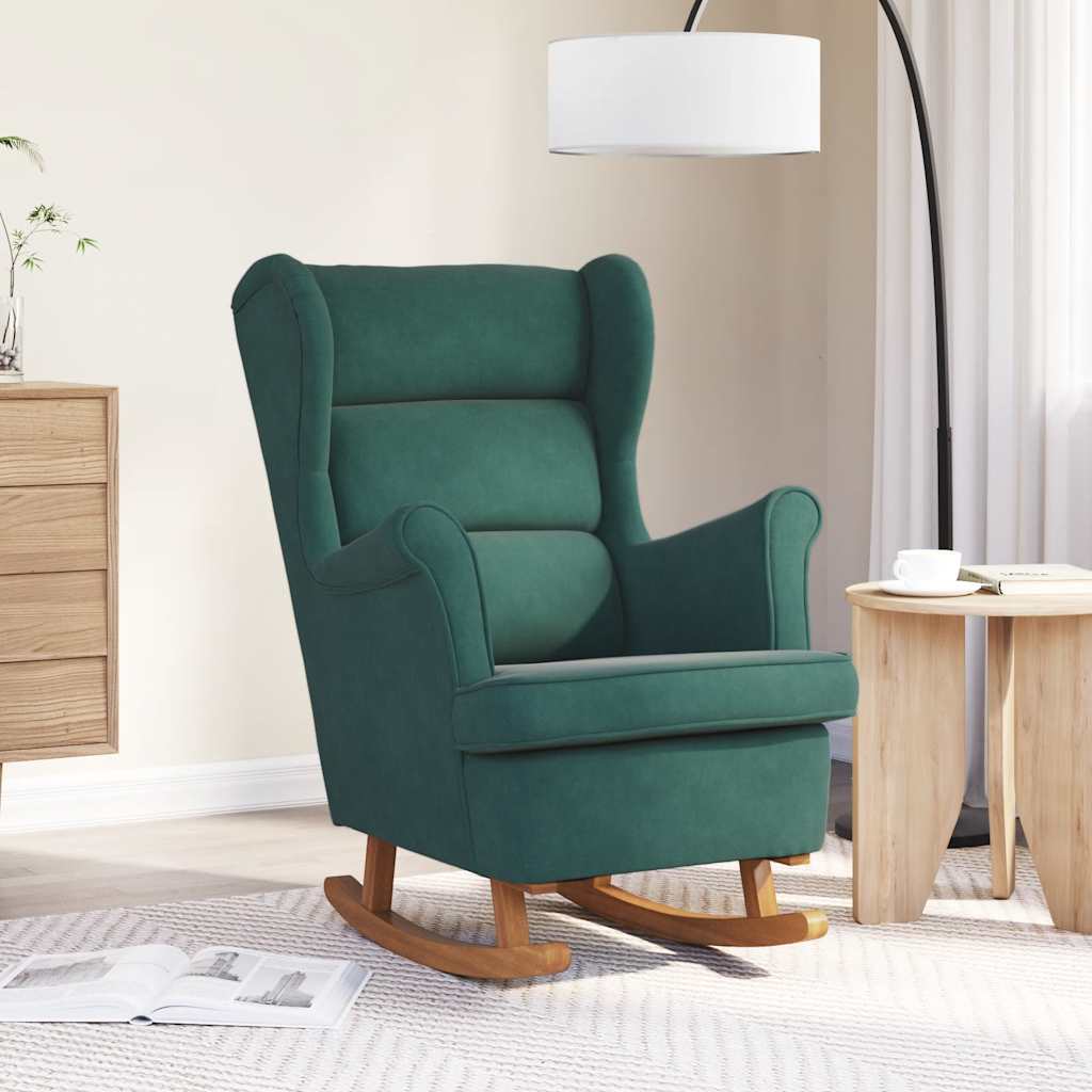 Fauteuil à bascule à oreilles en velours vert foncé bois massif - XIOS