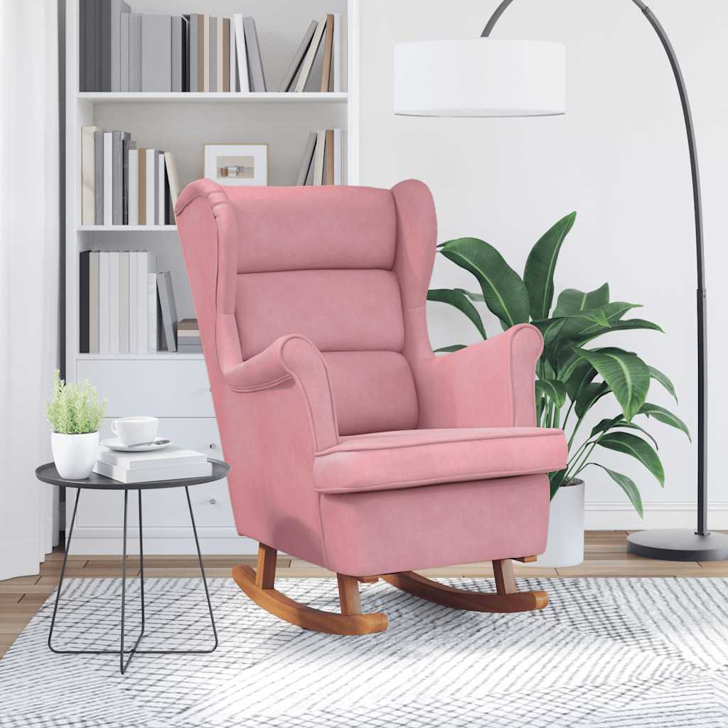 Fauteuil à bascule à oreilles en velours rose bois massif - XIOS