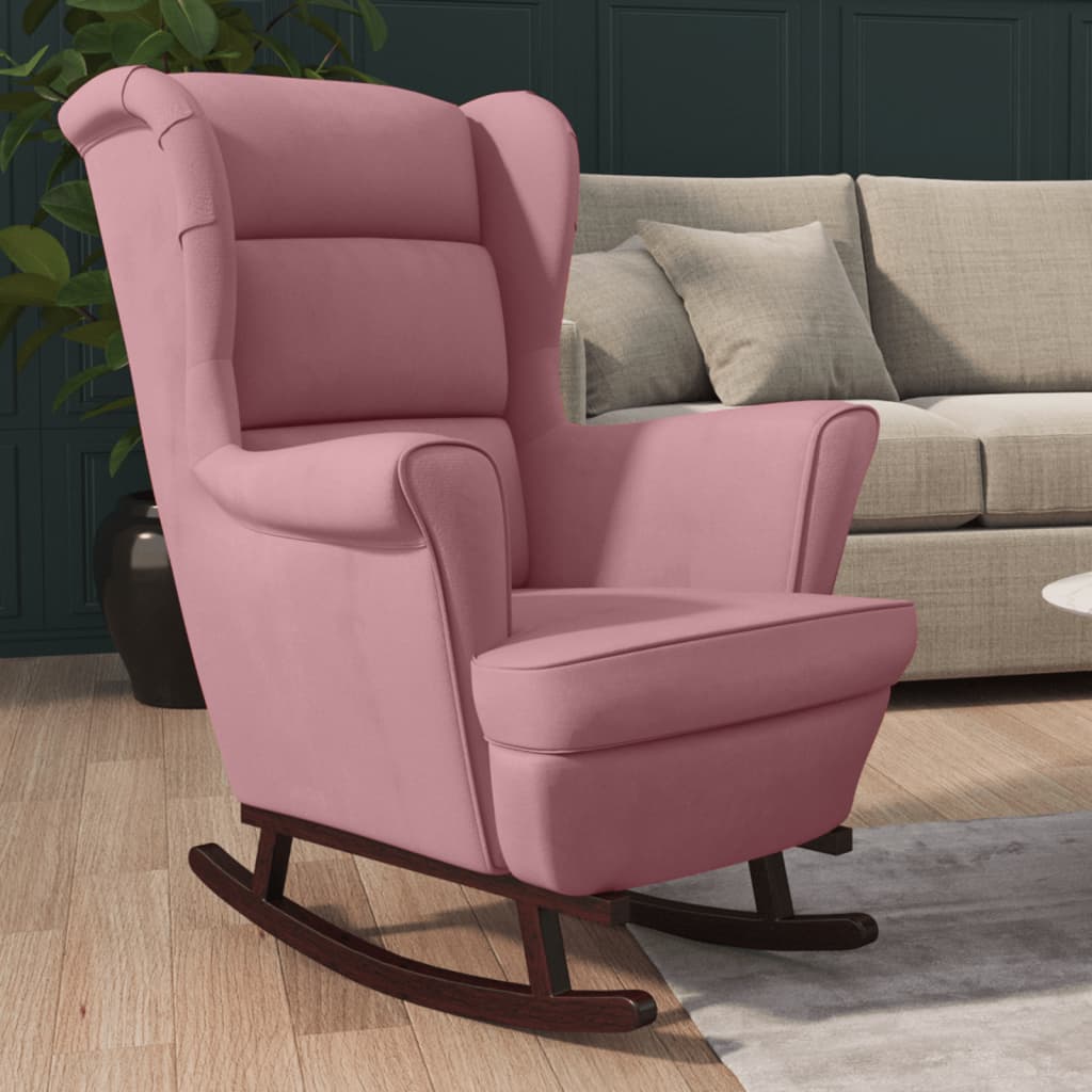 Fauteuil à bascule et pieds en bois massif d'hévéa Rose Velours - XIOS