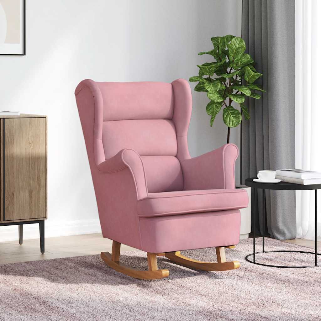 Fauteuil à bascule à oreilles en velours rose bois massif - XIOS