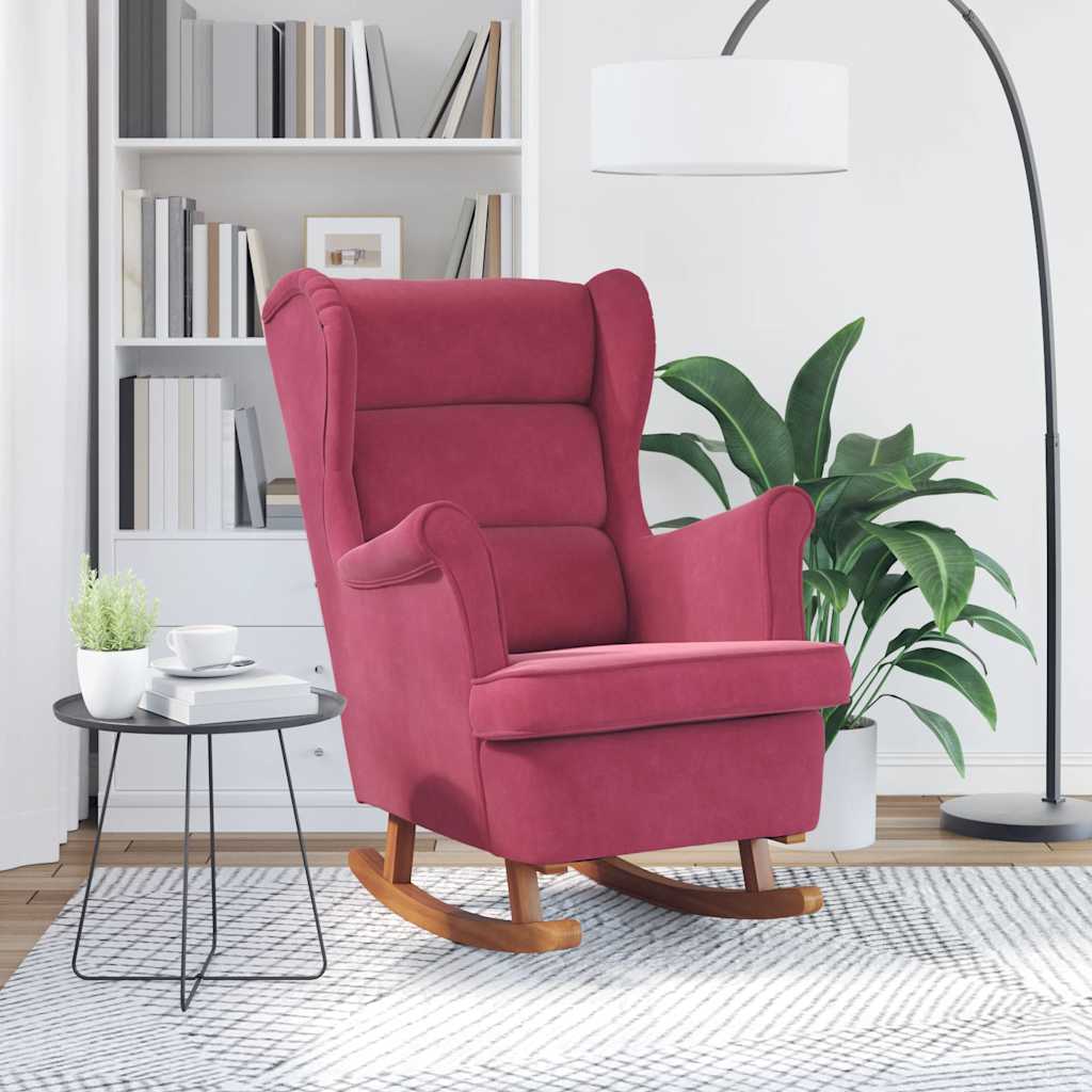 Fauteuil à bascule à oreilles en velours rouge vin bois massif - XIOS