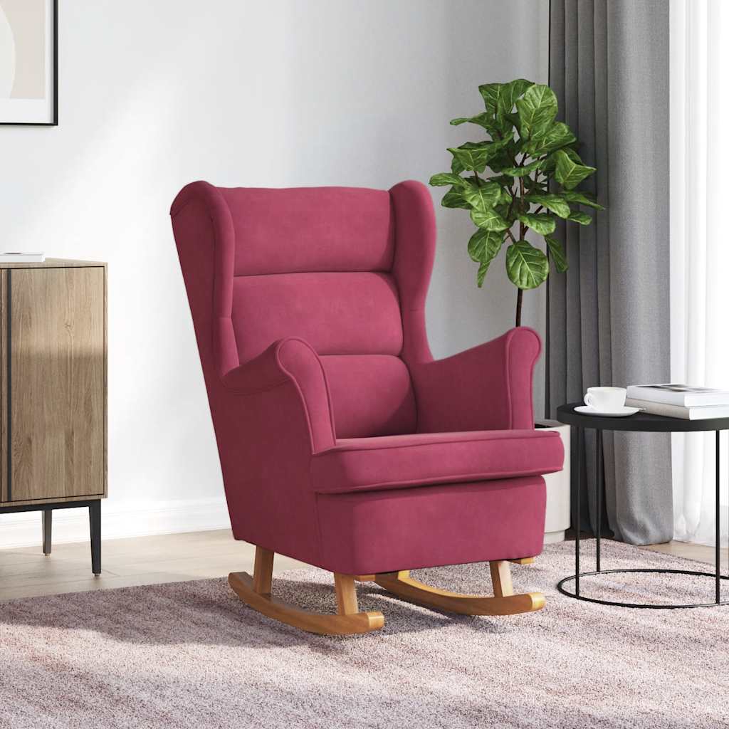 Fauteuil à bascule à oreilles en velours rouge vin bois massif - XIOS