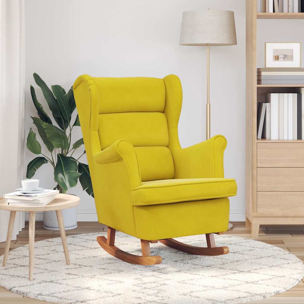 Fauteuil à bascule à oreilles en velours jaune bois massif - XIOS