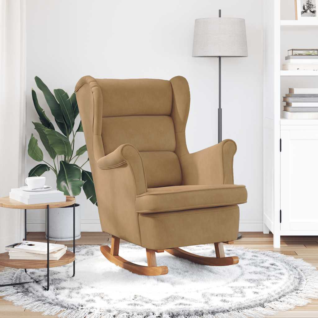 Fauteuil à bascule à oreilles en velours marron bois massif - XIOS