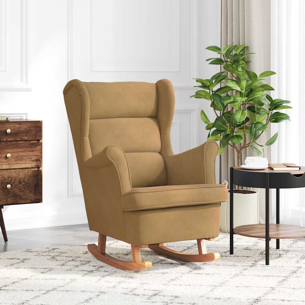 Fauteuil à bascule à oreilles en velours marron bois massif - XIOS