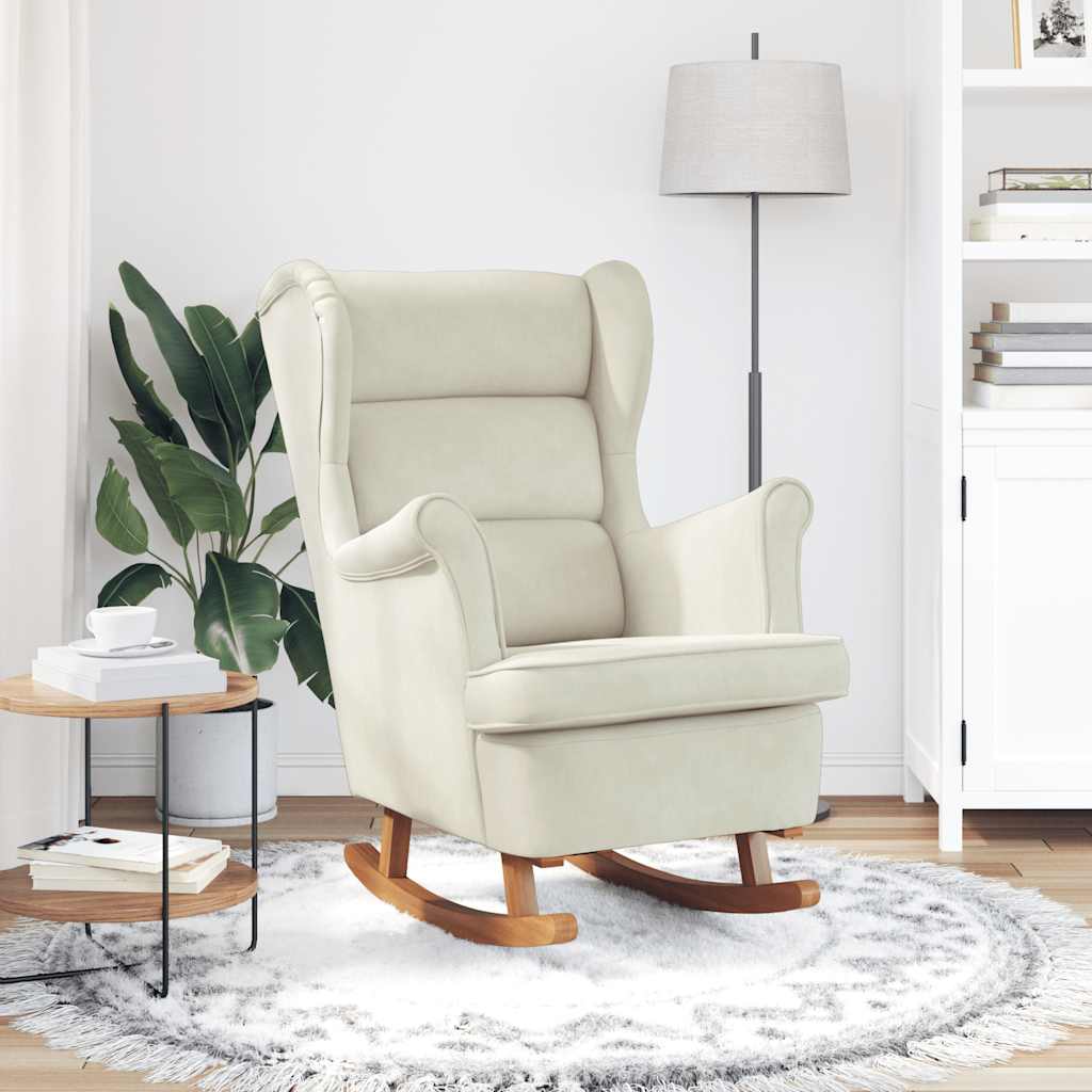 Fauteuil à bascule à oreilles en velours crème bois massif - XIOS