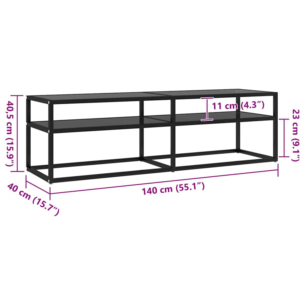 Meuble TV Noir 140x40x40,5 cm Verre trempé - XIOS