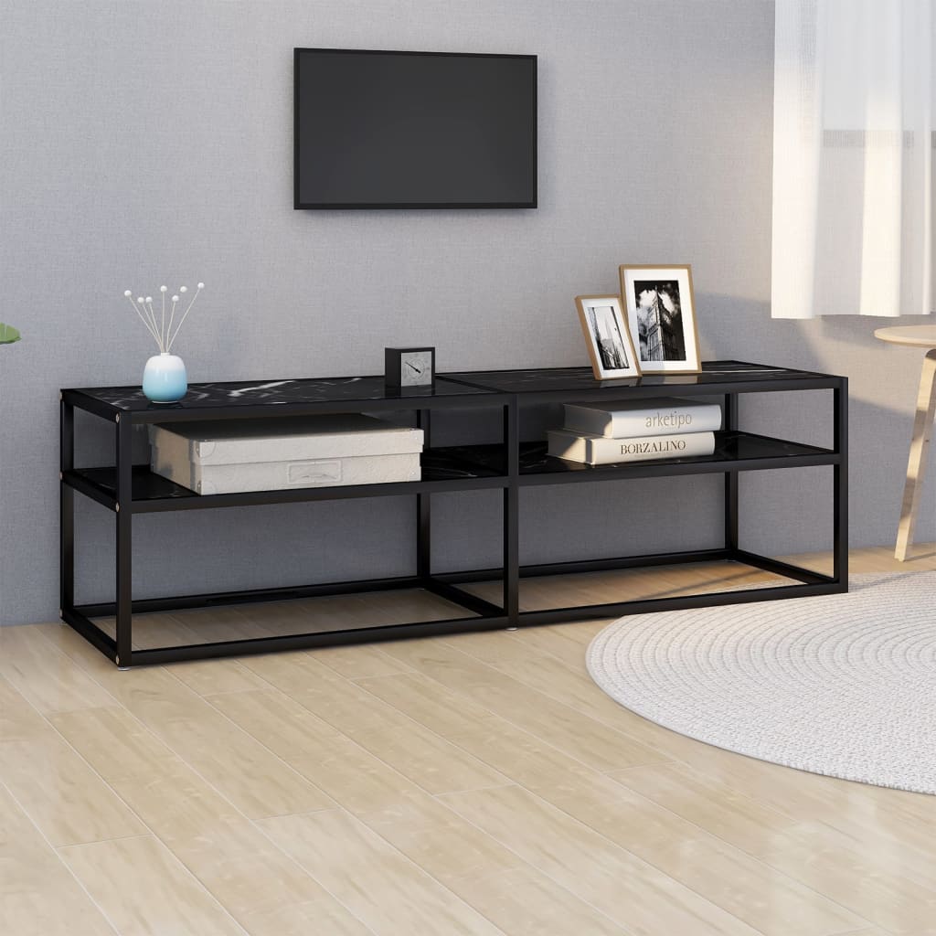 Meuble TV marbre noir 140x40x40,5 cm verre trempé - XIOS