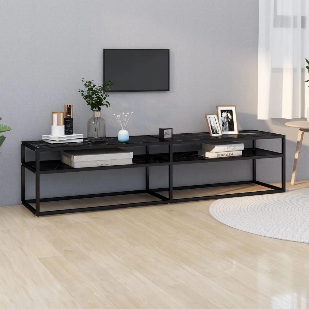 Meuble TV marbre noir 180x40x40,5 cm verre trempé - XIOS