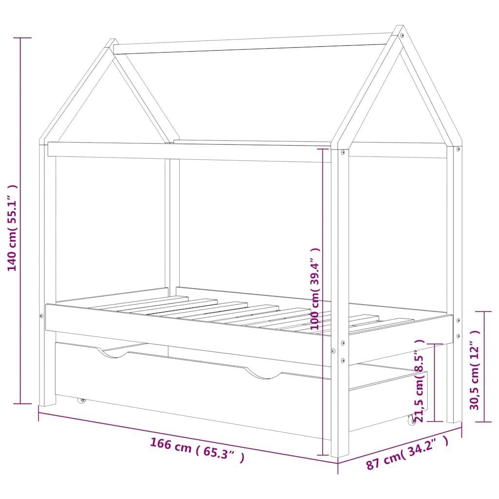 Cadre de lit pour enfant et un tiroir bois pin massif 80x160 cm - XIOS