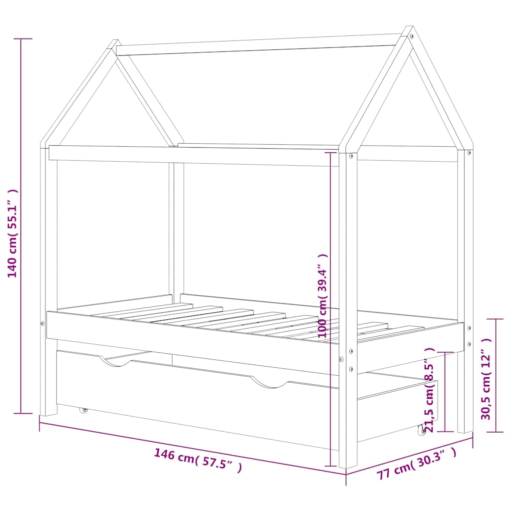 Cadre de lit d'enfant avec un tiroir Gris foncé Pin 70x140 cm - XIOS