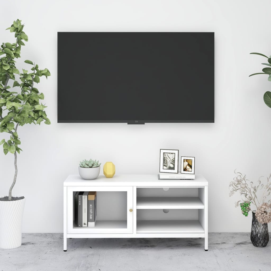 Meuble TV Blanc 90x30x44 cm Acier et verre - XIOS