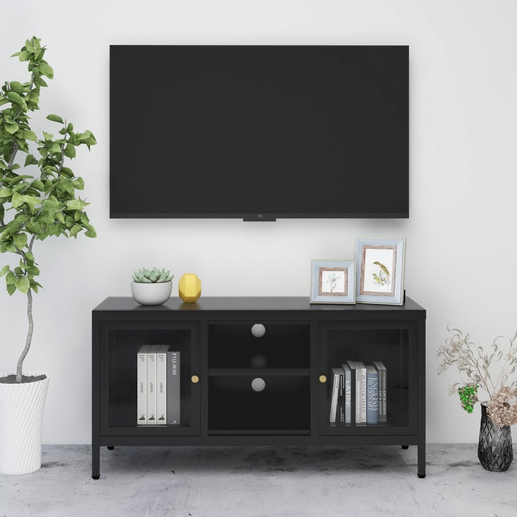 Meuble TV Noir 105x35x52 cm Acier et verre - XIOS