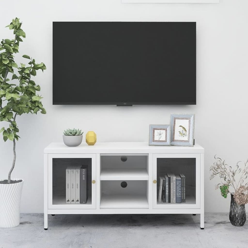 Meuble TV Blanc 105x35x52 cm Acier et verre - XIOS