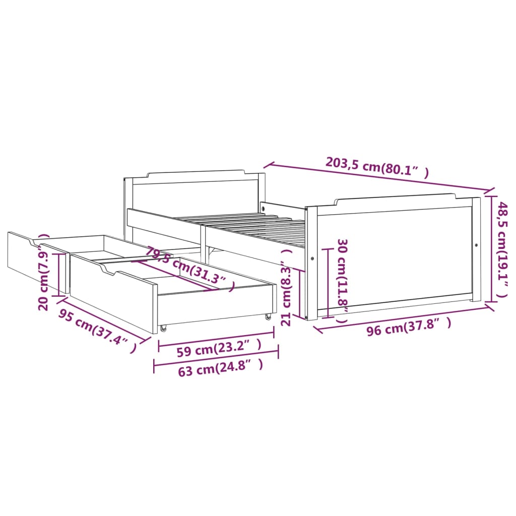 Cadre de lit sans matelas marron foncé bois pin massif 90x200cm - XIOS