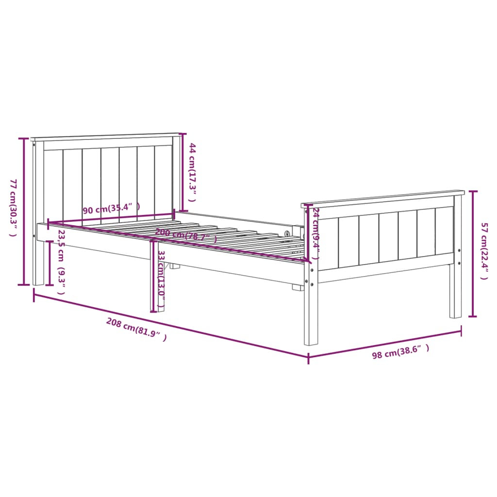 Cadre de lit sans matelas marron foncé bois pin massif 90x200cm - XIOS