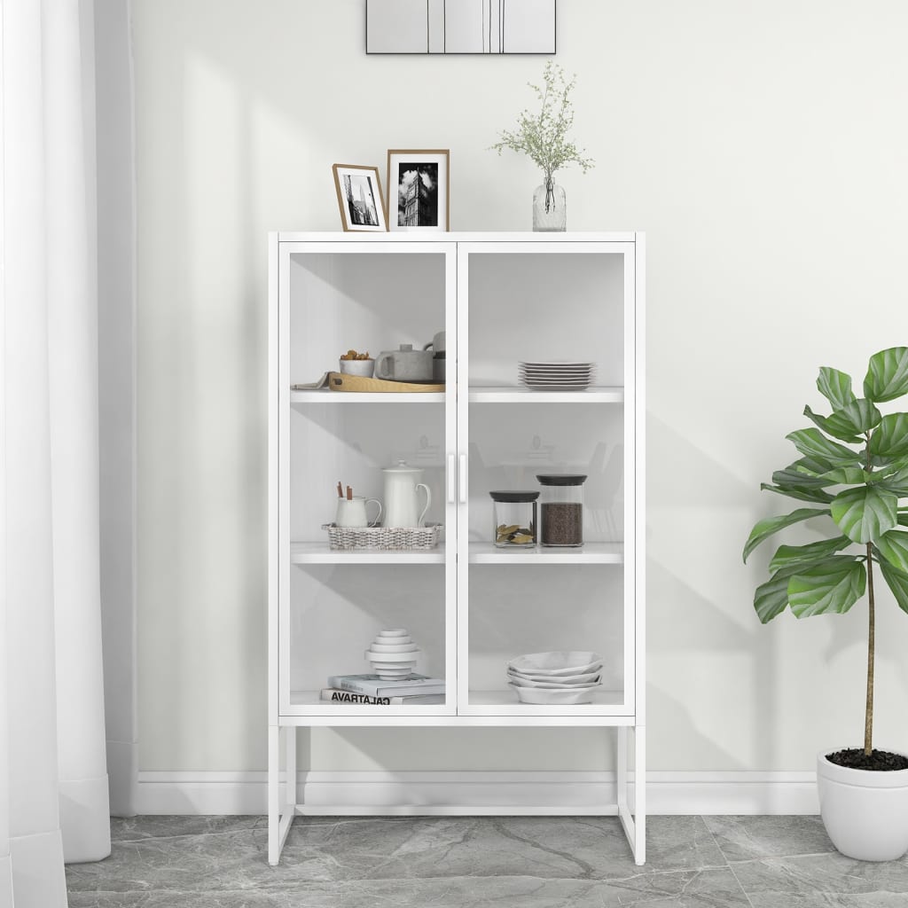 Buffet haut Blanc 80x35x135 cm Acier et verre trempé
