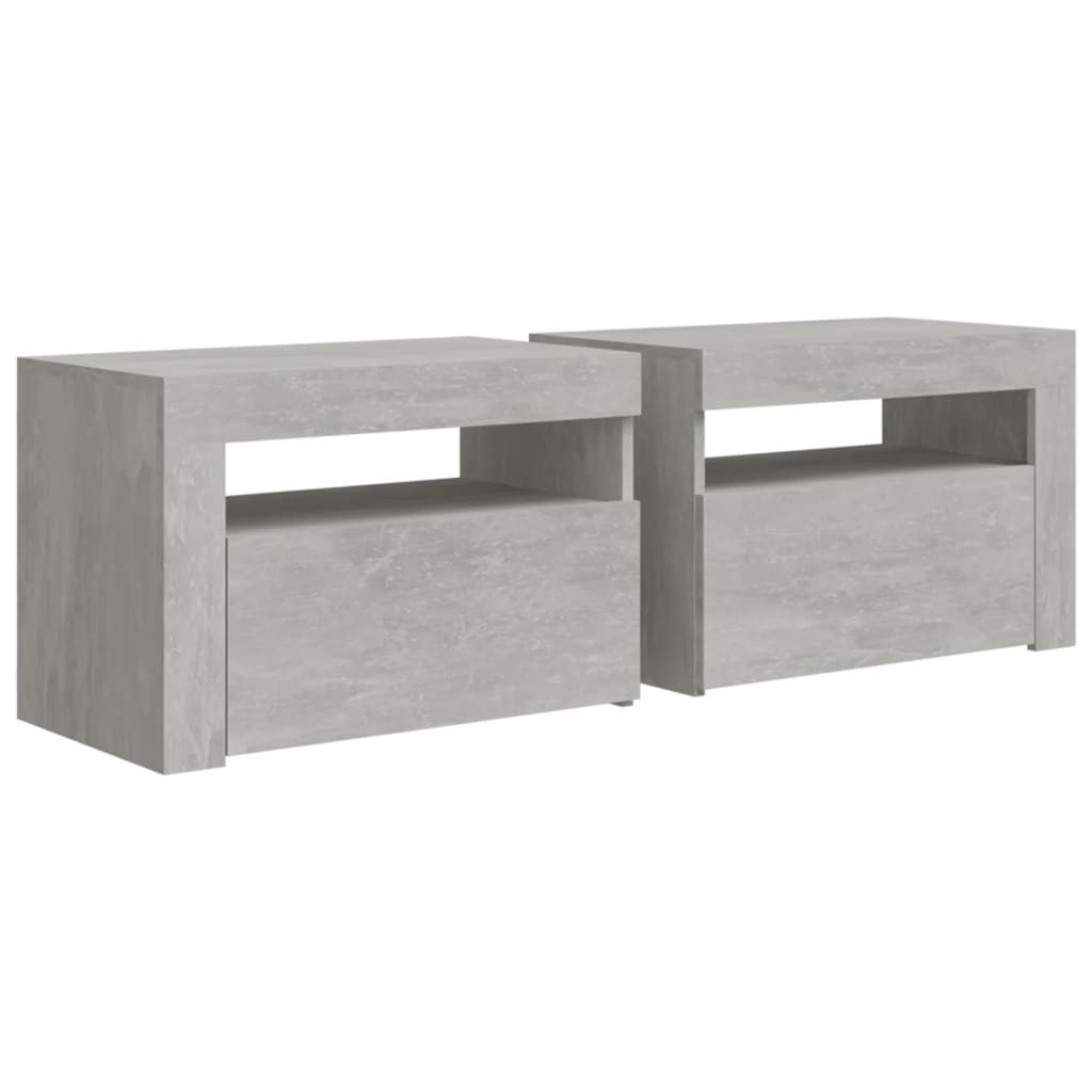Tables de chevet 2 pcs avec LED Gris béton 60x35x40 cm