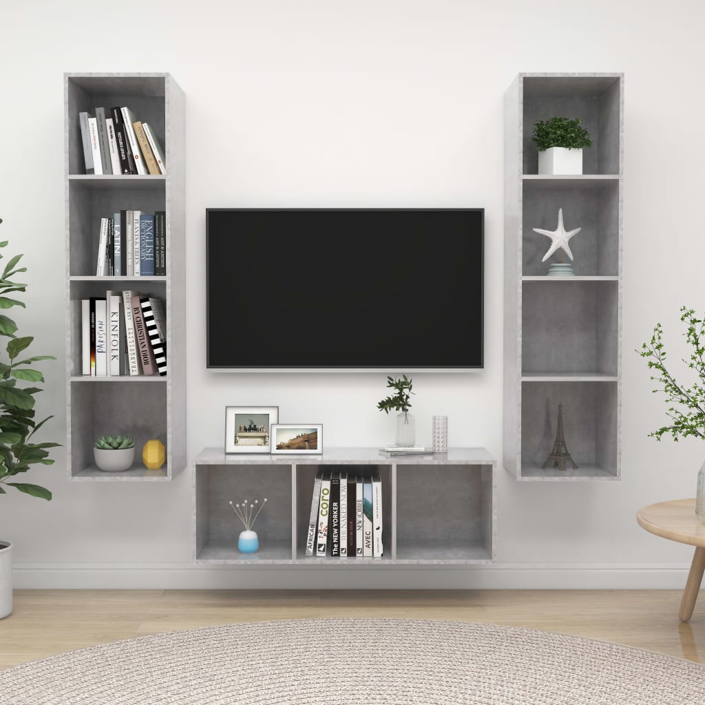 Ensemble de meuble TV 3 pcs Gris béton Bois d'ingénierie - XIOS