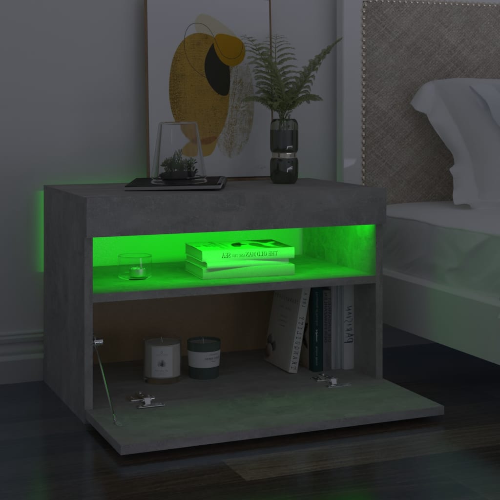 Tables de chevet avec lumières LED 2 pcs gris béton 60x35x40 cm