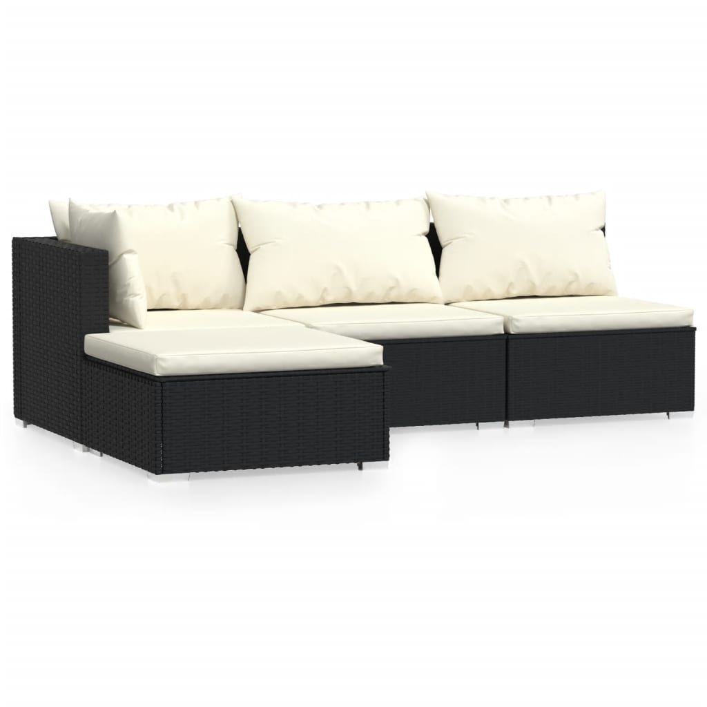 Salon de jardin 4 pcs avec coussins Noir Résine tressée