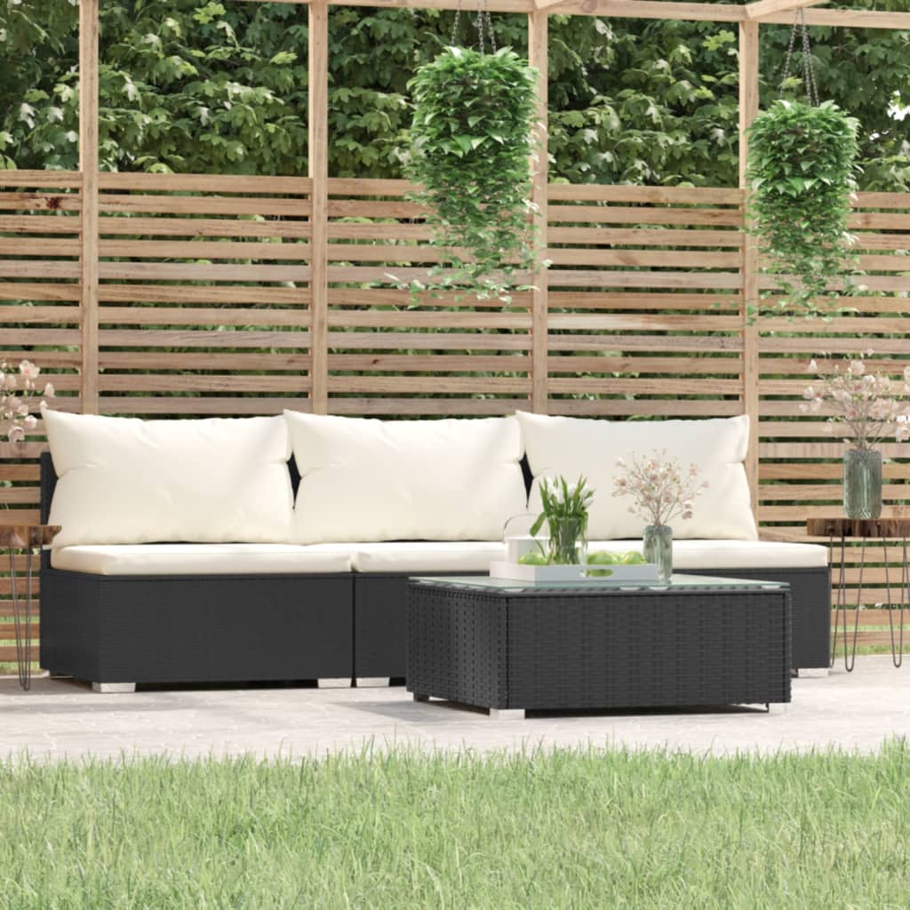 Salon de jardin 4 pcs avec coussins Noir Résine tressée
