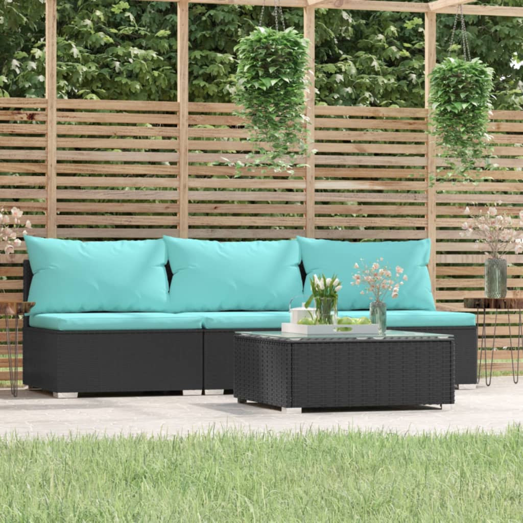 Salon de jardin 4 pcs avec coussins Noir Résine tressée