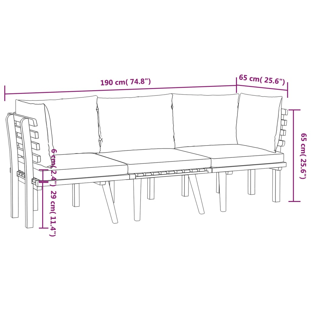 Salon de jardin 3 pcs avec coussins Bois d'acacia massif