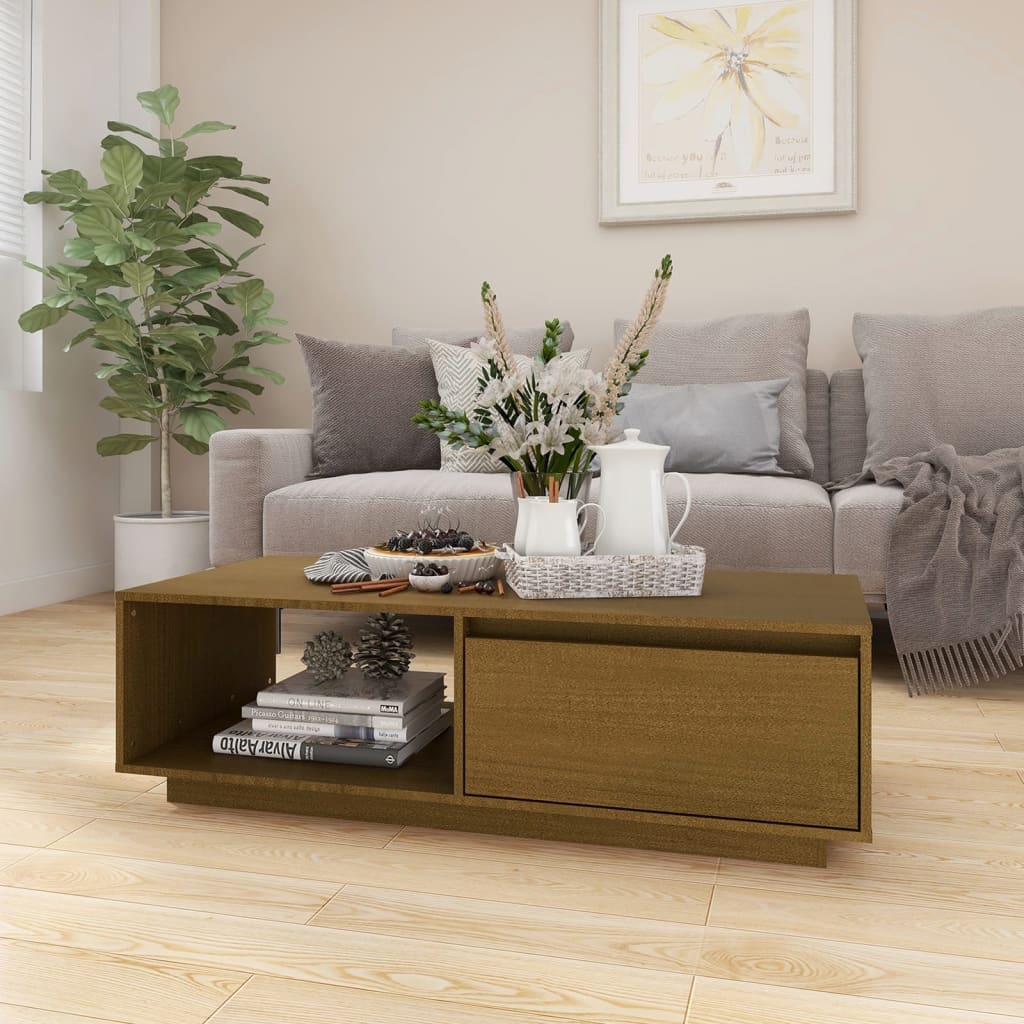 Table basse marron miel 110x50x33,5 cm bois de pin massif - XIOS