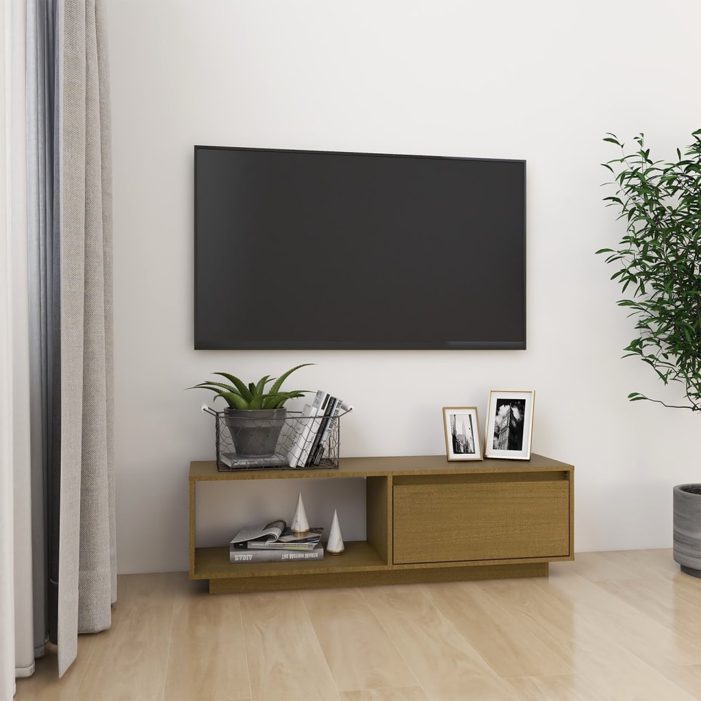 Meuble TV Marron miel 110x30x33,5 cm Bois de pin massif - XIOS