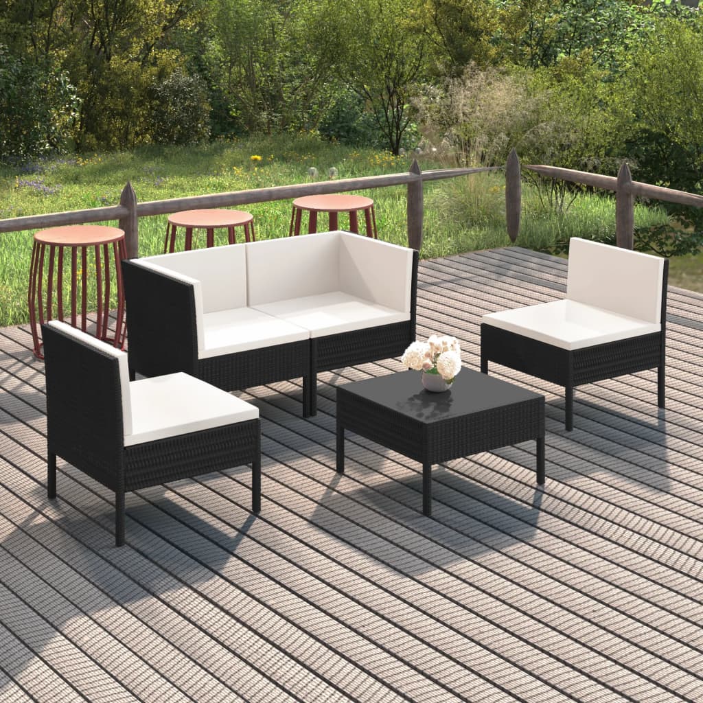 Salon de jardin 5 pcs avec coussins résine tressée noir
