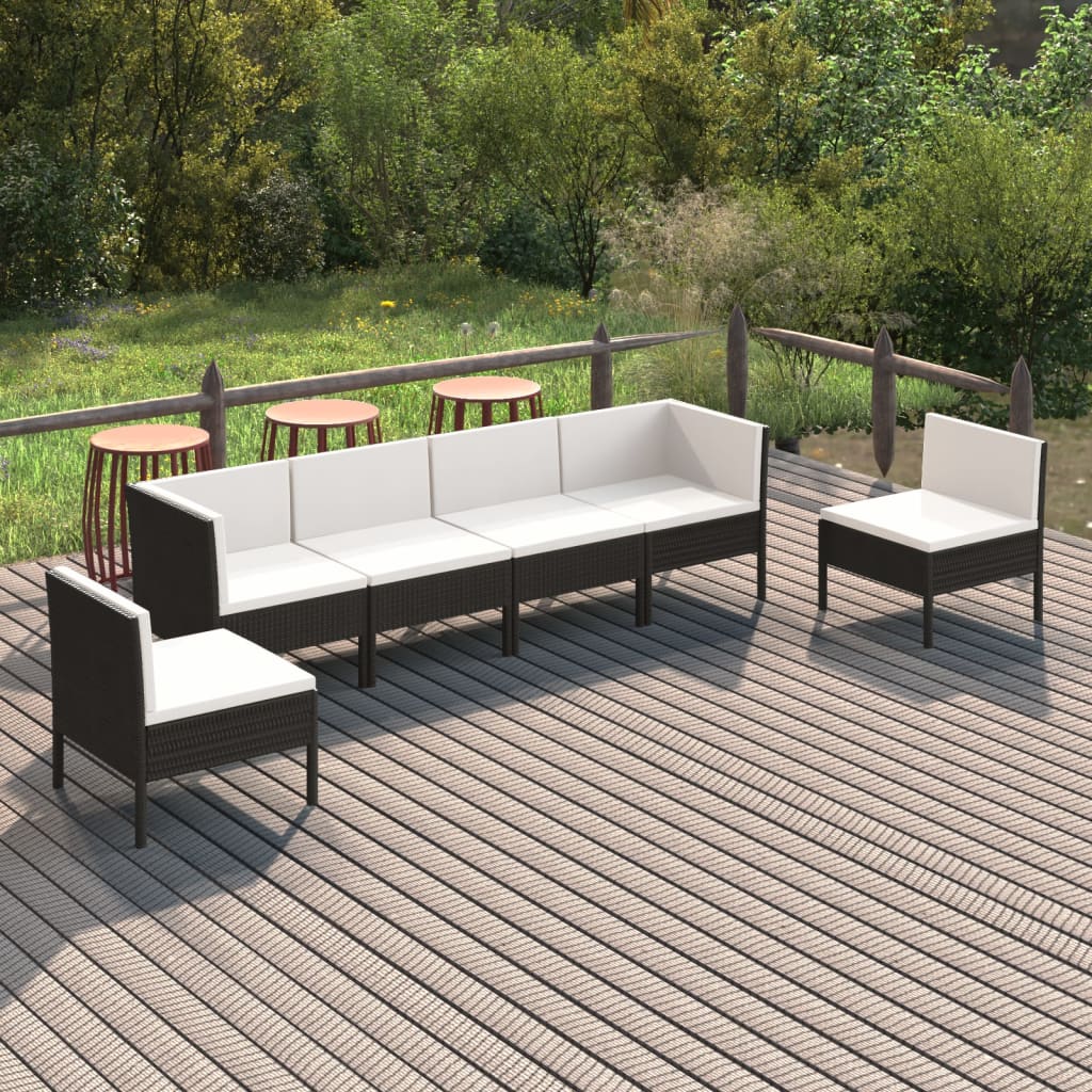 Salon de jardin 6 pcs avec coussins résine tressée noir