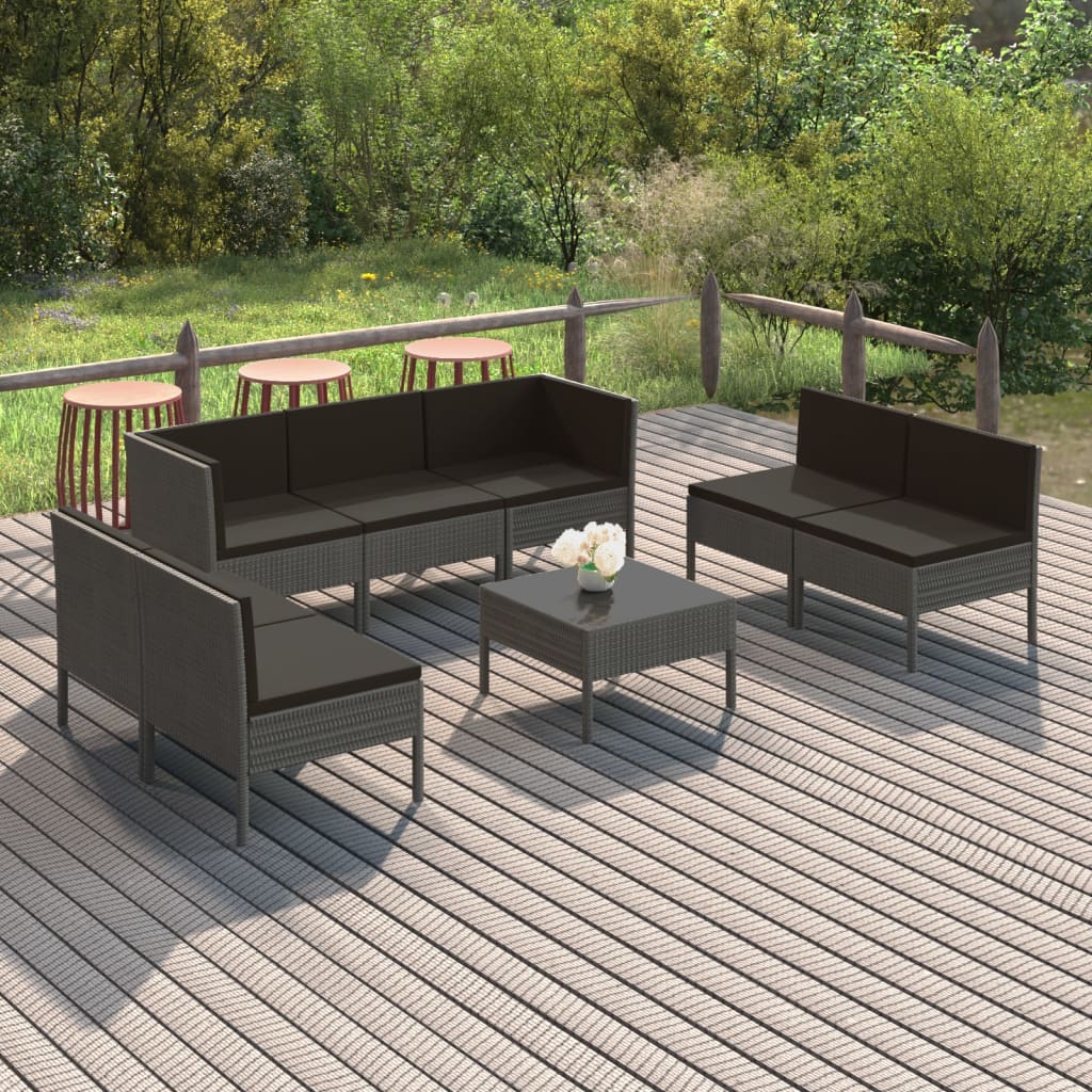Salon de jardin 8 pcs avec coussins résine tressée gris