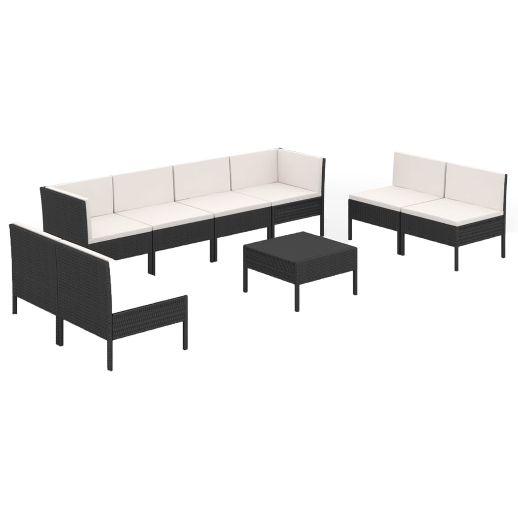 Salon de jardin 9 pcs avec coussins Résine tressée Noir