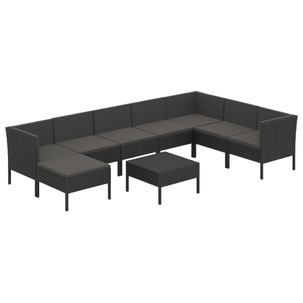 Salon de jardin 9 pcs avec coussins Résine tressée Noir