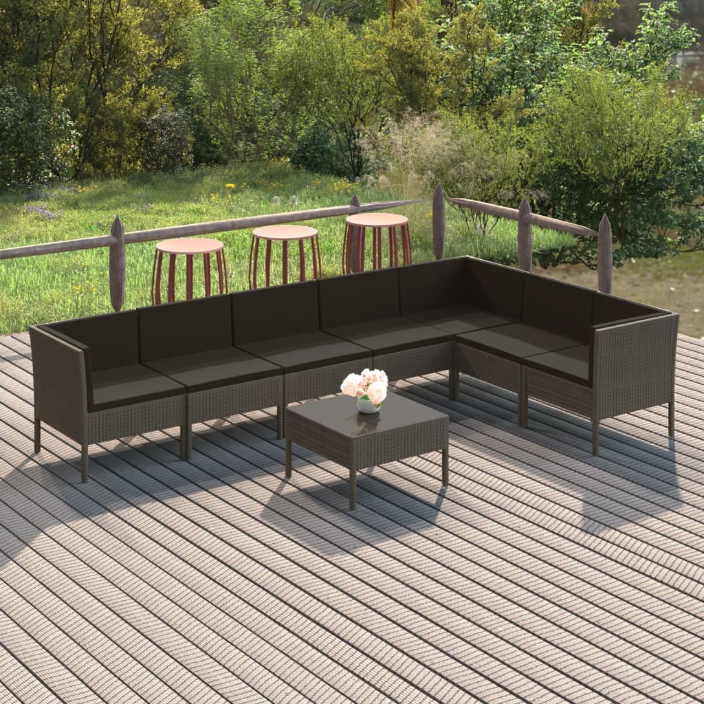 Salon de jardin 8 pcs avec coussins résine tressée gris