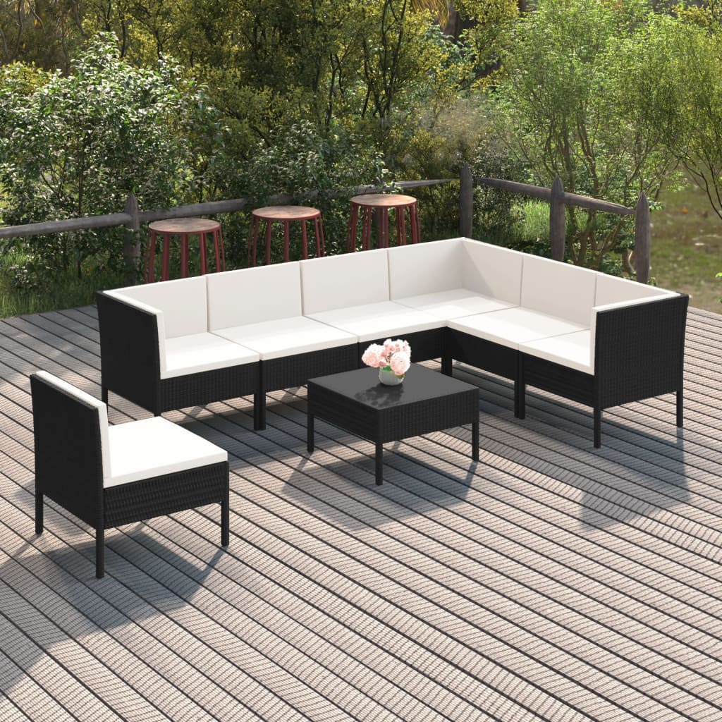 Salon de jardin 8 pcs avec coussins résine tressée noir