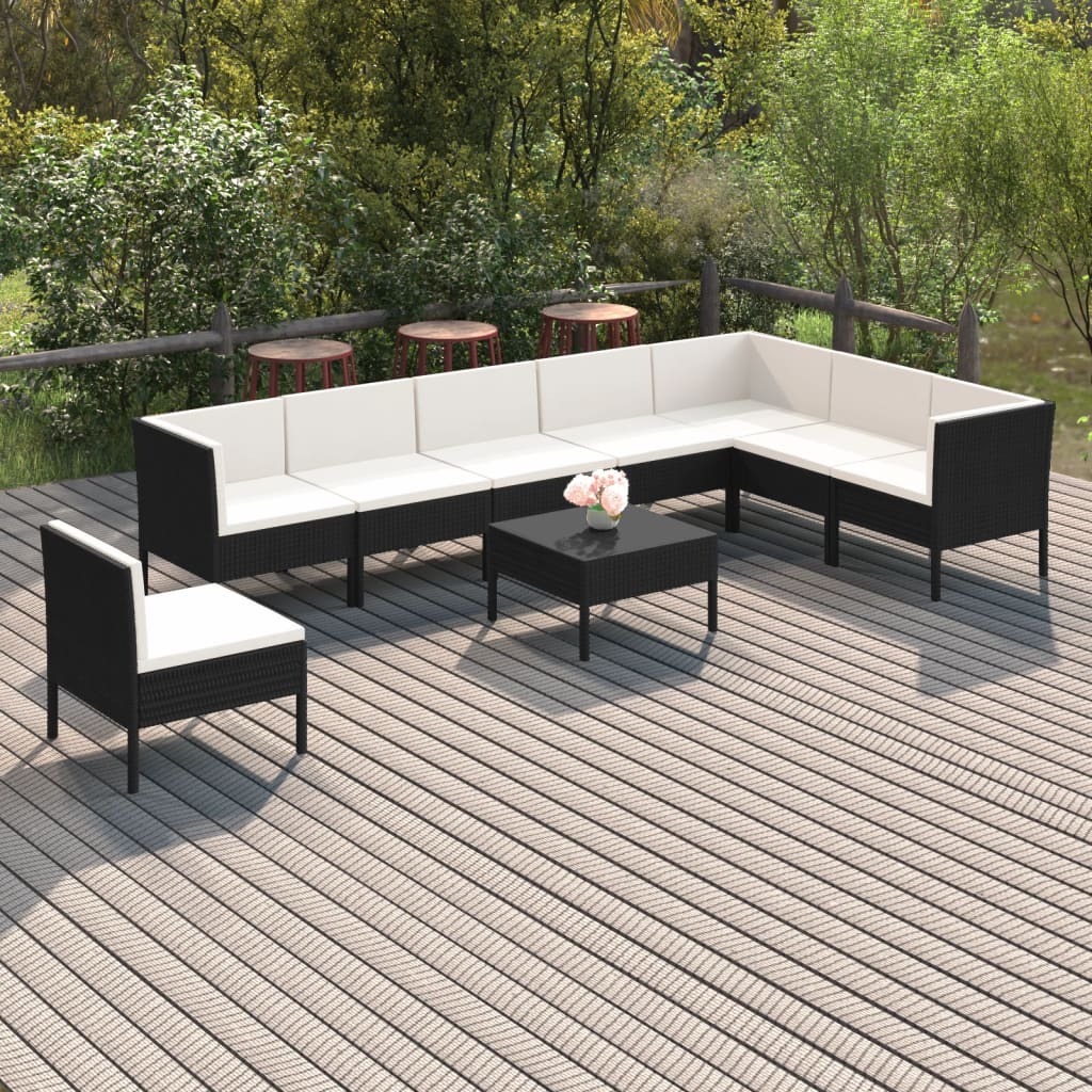 Salon de jardin 9 pcs avec coussins Résine tressée Noir