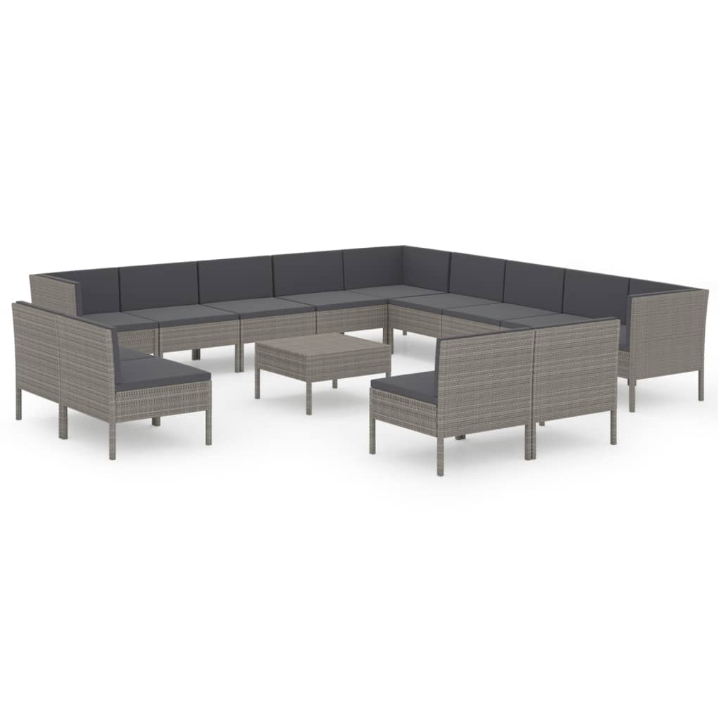 Salon de jardin 14 pcs avec coussins Résine tressée Gris