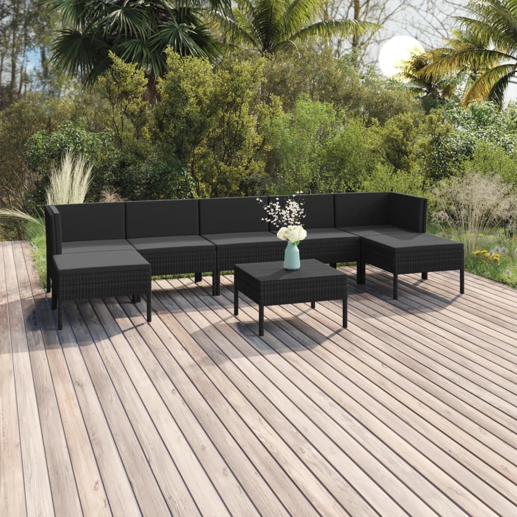 Salon de jardin 8 pcs avec coussins résine tressée noir