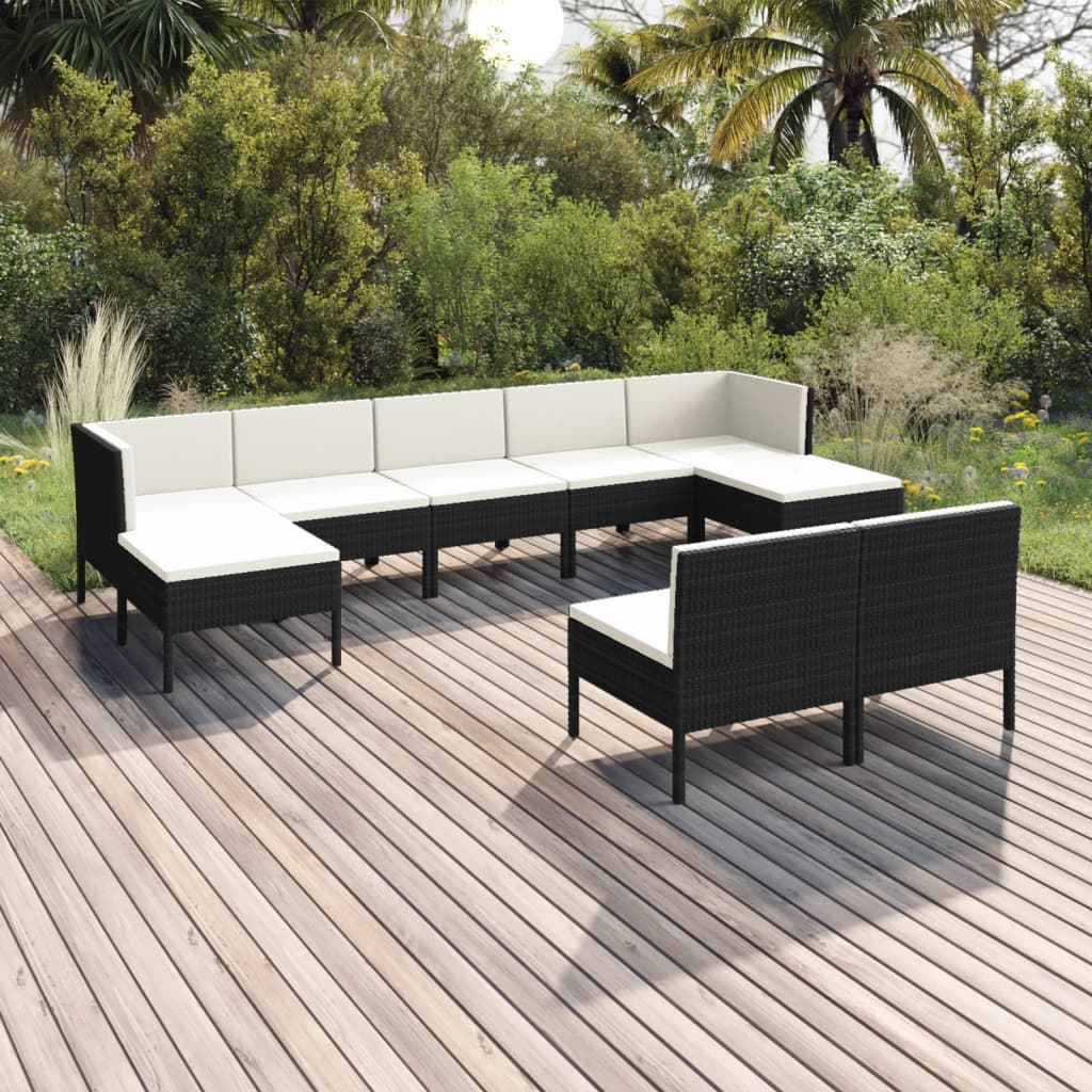 Salon de jardin 9 pcs avec coussins Résine tressée Noir