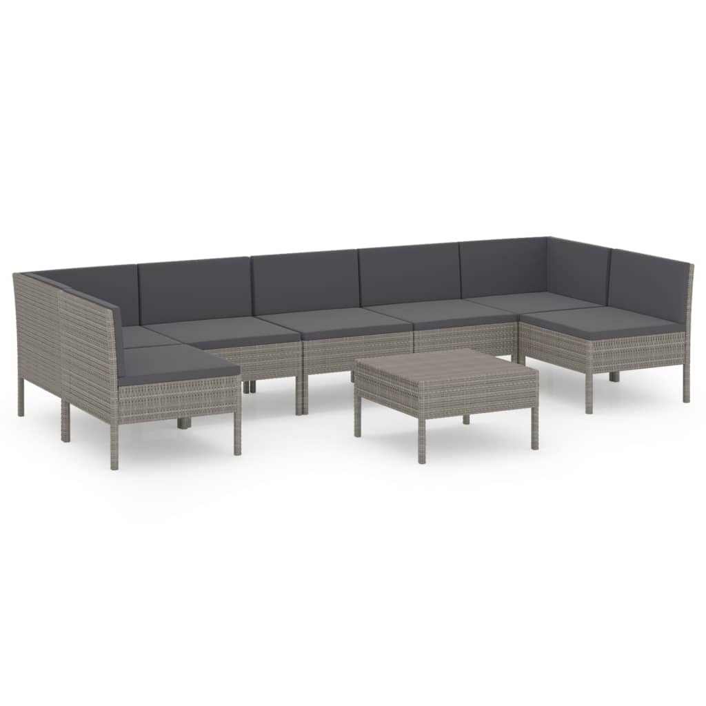Salon de jardin 8 pcs avec coussins résine tressée gris