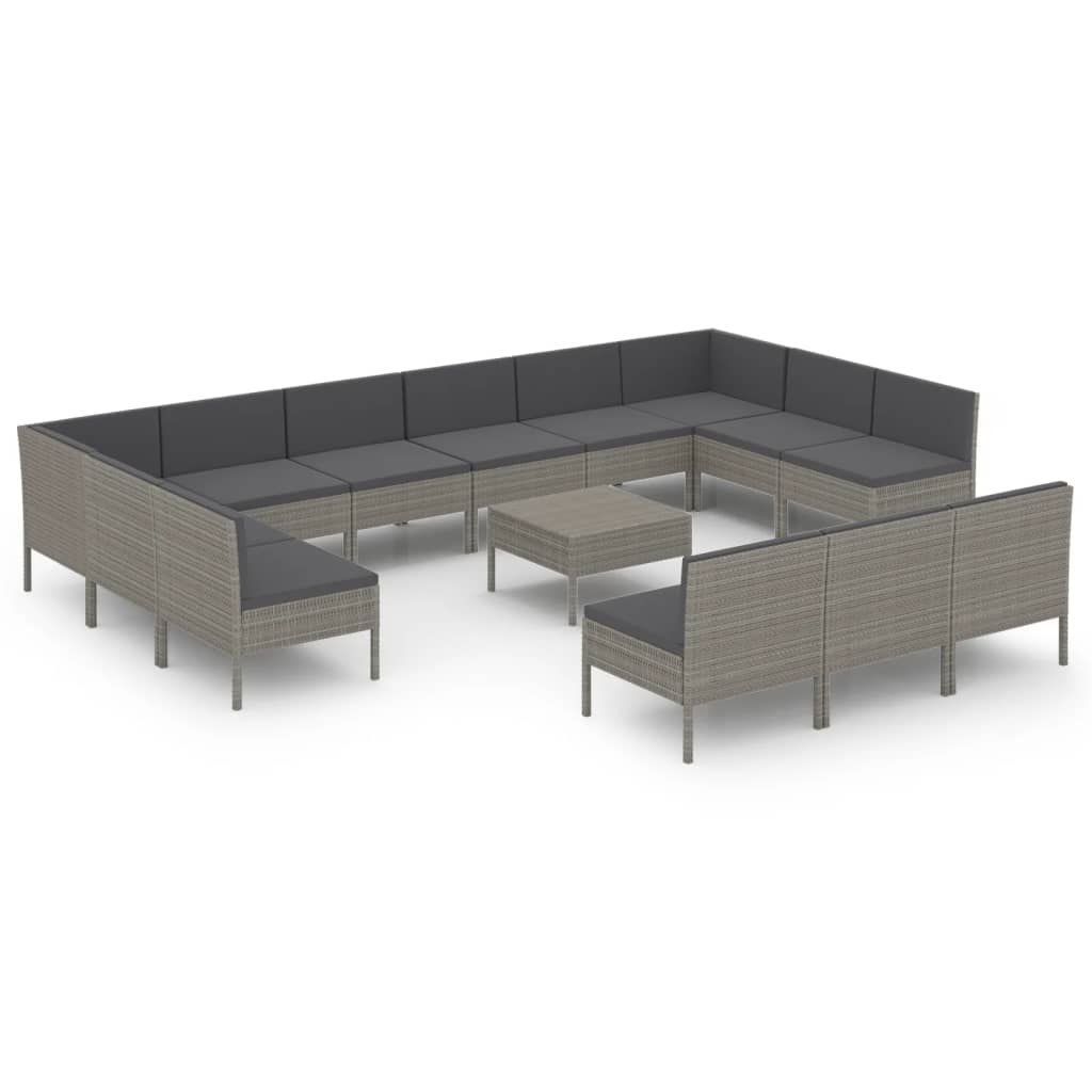 Salon de jardin 14 pcs avec coussins Résine tressée Gris