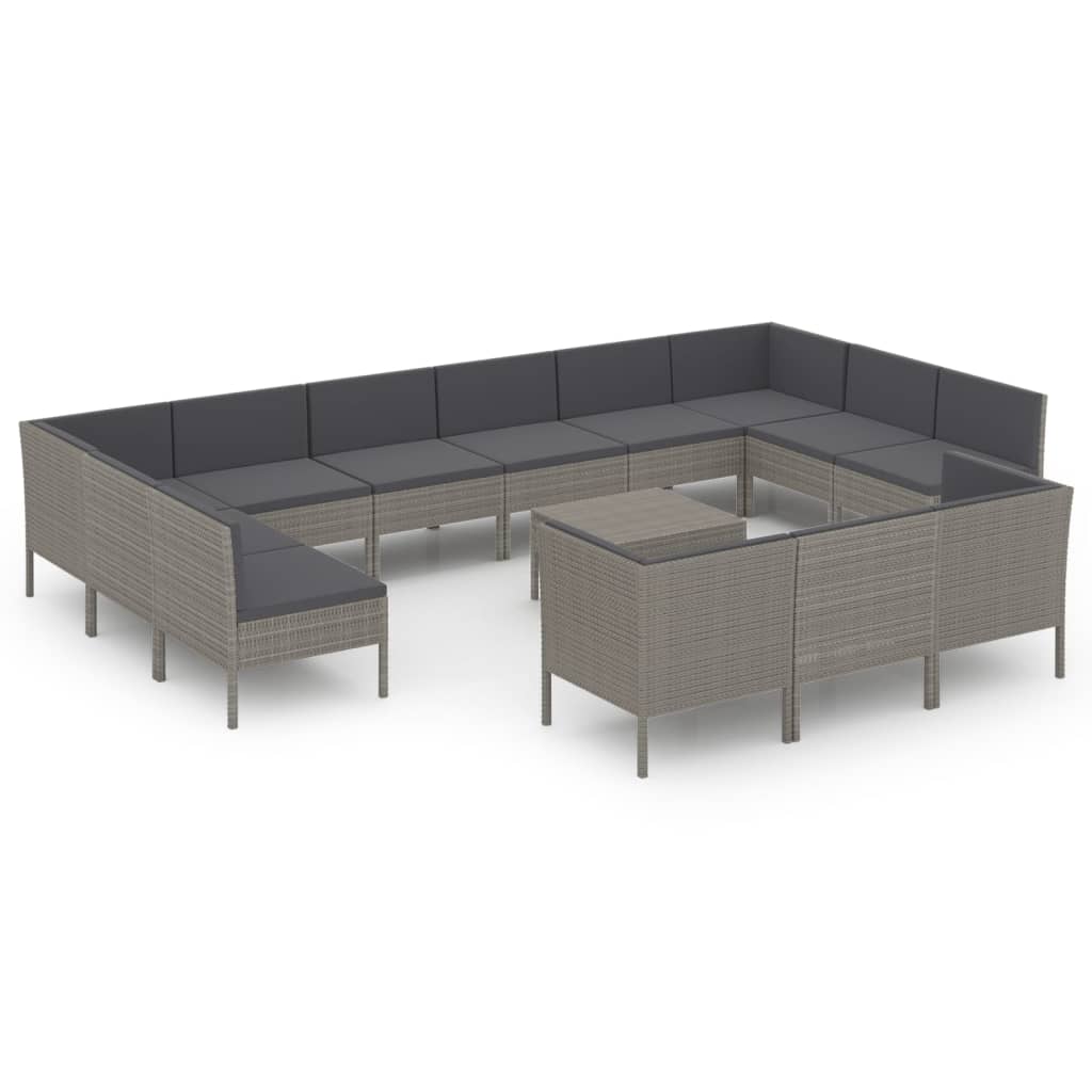 Salon de jardin 14 pcs avec coussins Résine tressée Gris